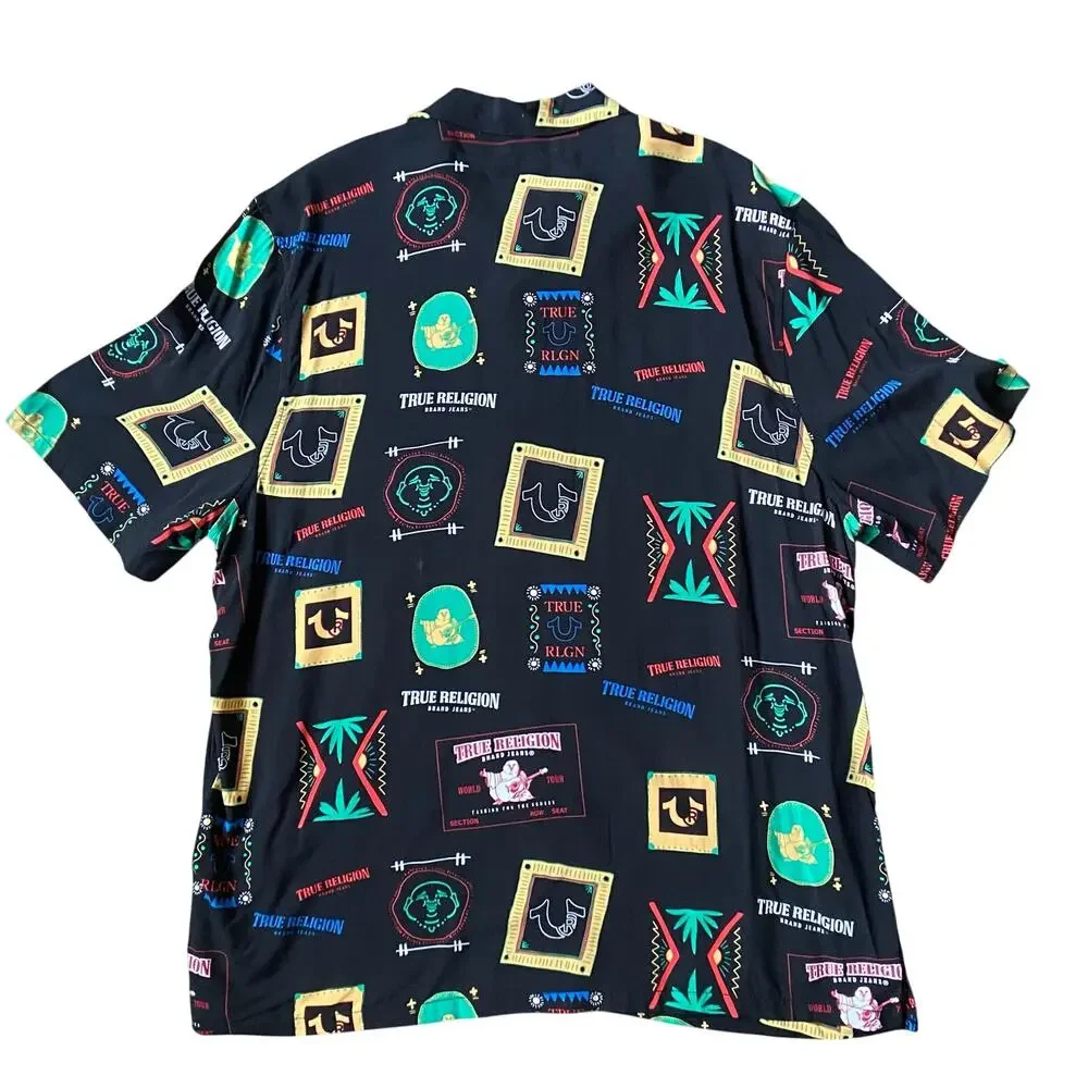 True Religion Resort Print Camp Collar Button Up Shirt Black
